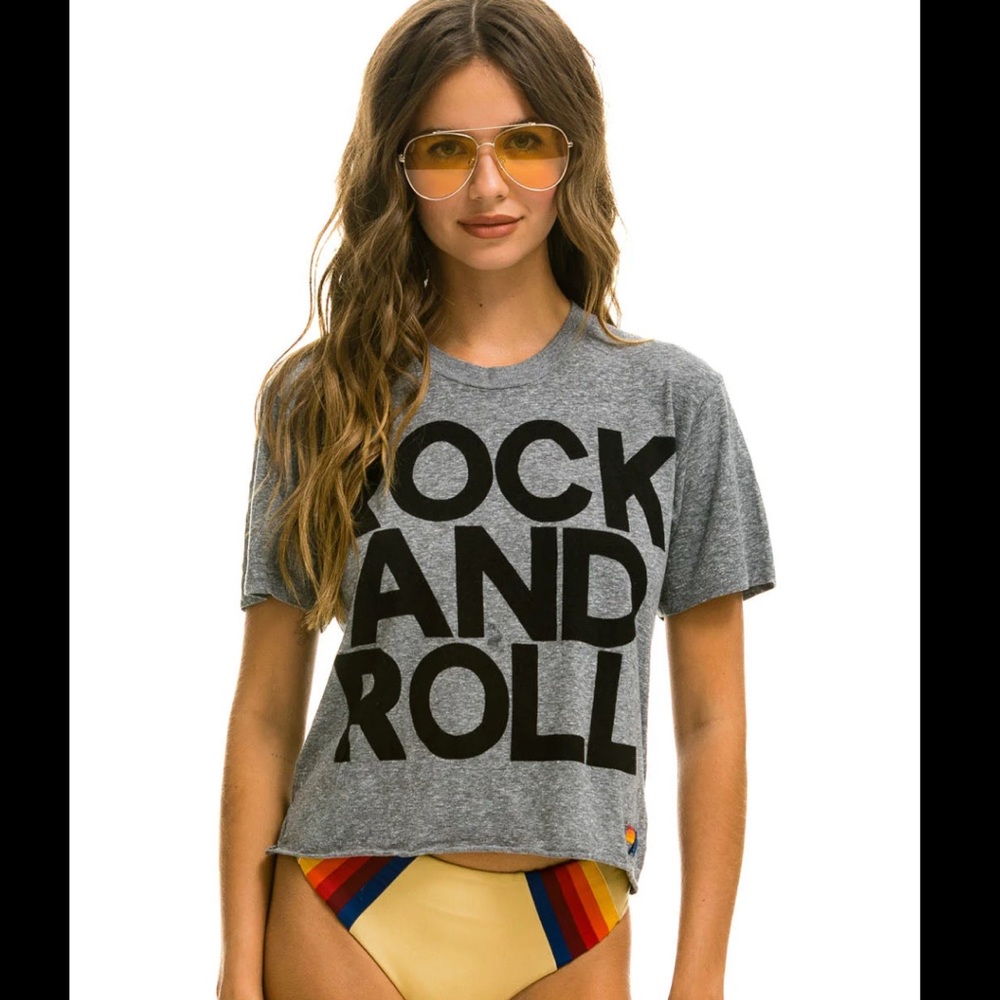 AVIATOR NATION ROCK AND ROLL CROP TEE GREY WOMENS LARGE
